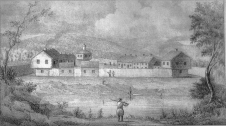 Black and white illustration of Fort Frye near Waterford, Ohio