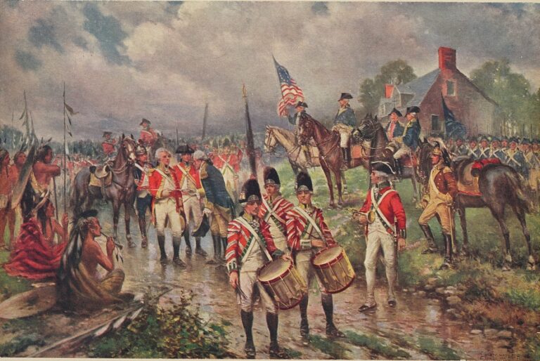 Color illustration of British General Burgoyne surrendering after the Battle of Saratoga in 1777.