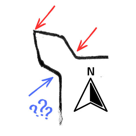 The northwestern bastion, with red arrows marking the corners with interior post molds, and a blue arrow on the corner the Fort Laurens Archaeology team has not excavated yet (as of July 2026).