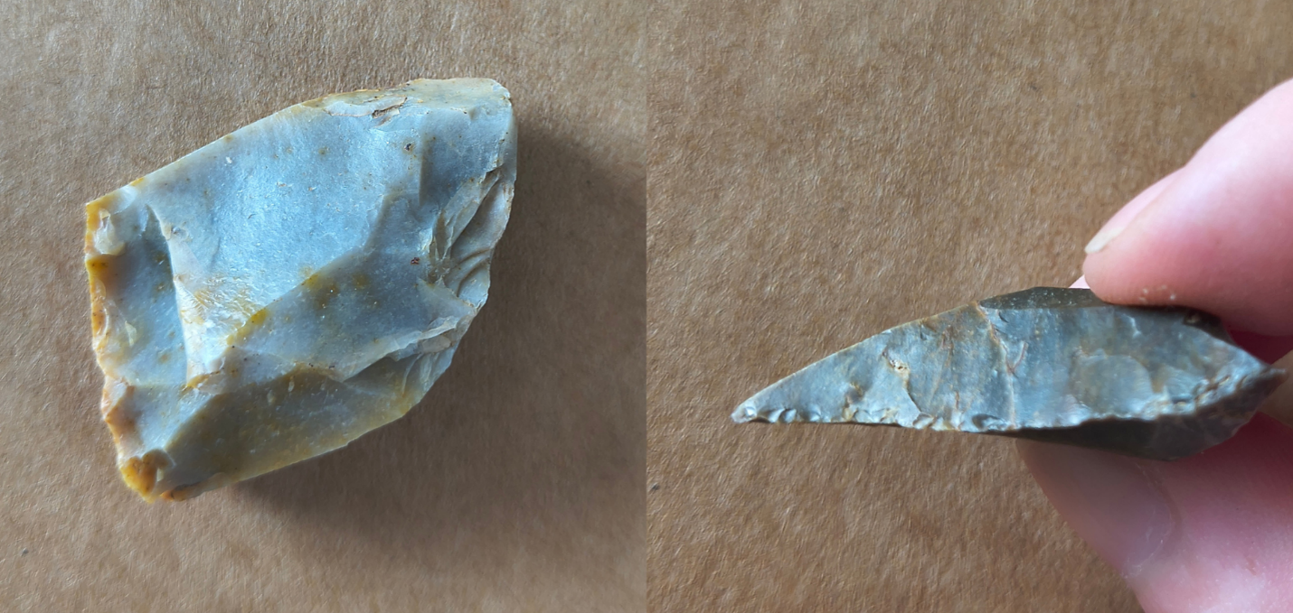 A flake stone tool, with one worked edge excavated at Fort Laurens.