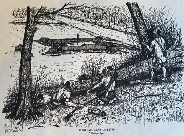 Drawing by Doug Angeloni showing Photo 5. The vantage point over Fort Laurens from the southern hills.