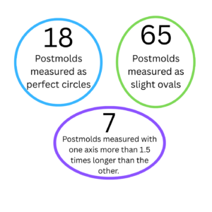 This image shows variations in post mold shapes during the Fort Laurens fort reconstruction in 2026. 18 post molds measured as perfect circles. 65 post molds measured as slight ovals. 7 post molds measured on an axis more than 1.5 times longer than the other.