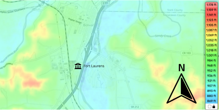 Topographic map of the Fort Laurens area. Low points are in blue/green, and higher points are in yellow/red. Highway 77 is where the Tuscarawas river flowed during the forts occupation period.