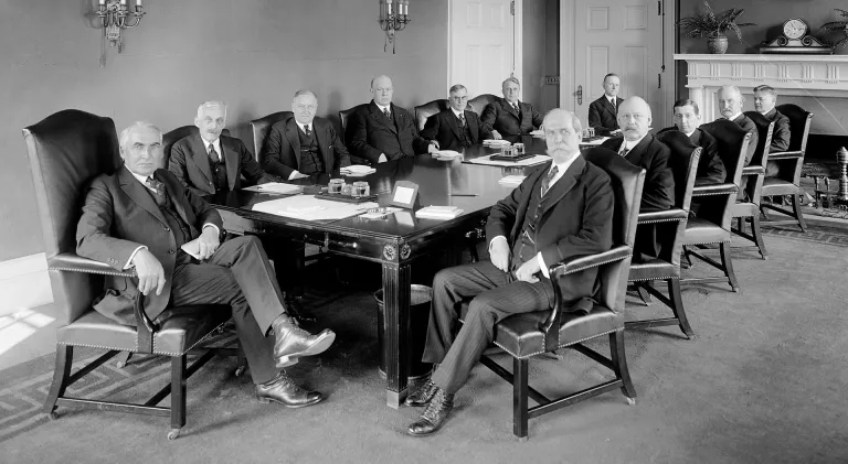 This photo depicts President Warren G. Harding’s first cabinet meeting inside the White House.