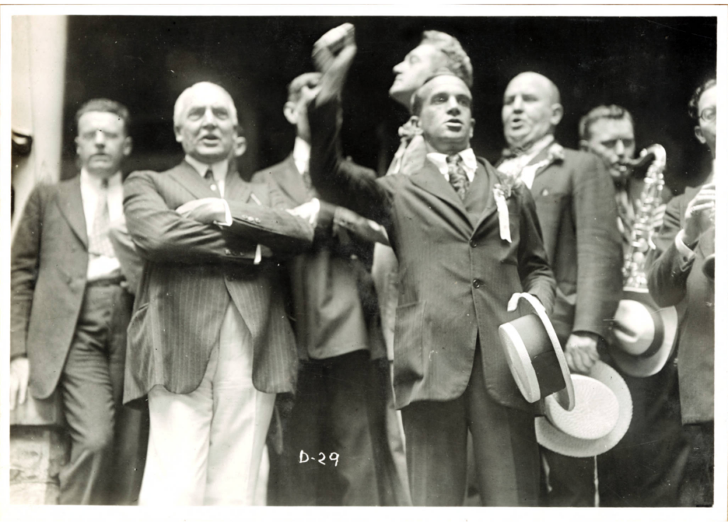 Photograph of Al Jolson speaking during Warren G. Harding's front porch campaign, 1920. Jolson (1886-1950) was a singer and entertainer, especially well known for the 1927 film, The Jazz Singer, the first talking picture.