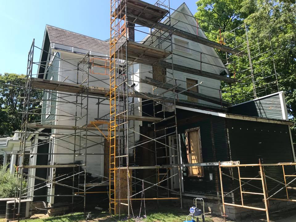 Image featuring scaffolding on the back of the Harding Home as restoration work begins on the exterior, circa 2019.
