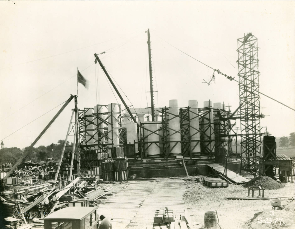 Photograph of the Harding Memorial under construction by Elford, Inc., in Marion, Ohio. Shortly after President Warren G. Harding died in office, the Harding Memorial Association was formed to raise money for a memorial site in honor of the late president. Construction of the tomb started in 1926 and was completed in 1927, although it didn't receive its formal dedication until 1931. It now houses the remains of President Harding and his wife, Florence Kling Harding.