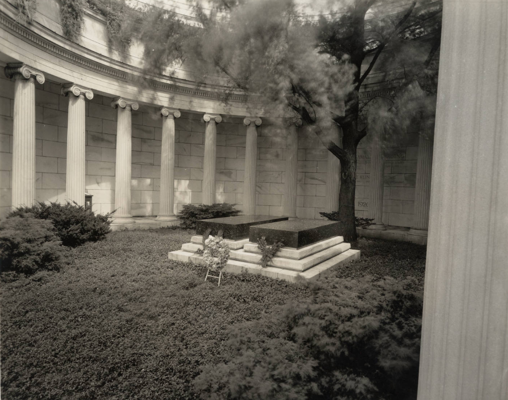 Photographs document the Harding Tomb, a circular monument of white Georgia marble containing the remains of President Warren G. Harding and his wife Florence Kling Harding. The monument, surrounded by ten acres of landscaped grounds, is similar in appearance to a round Greek temple.