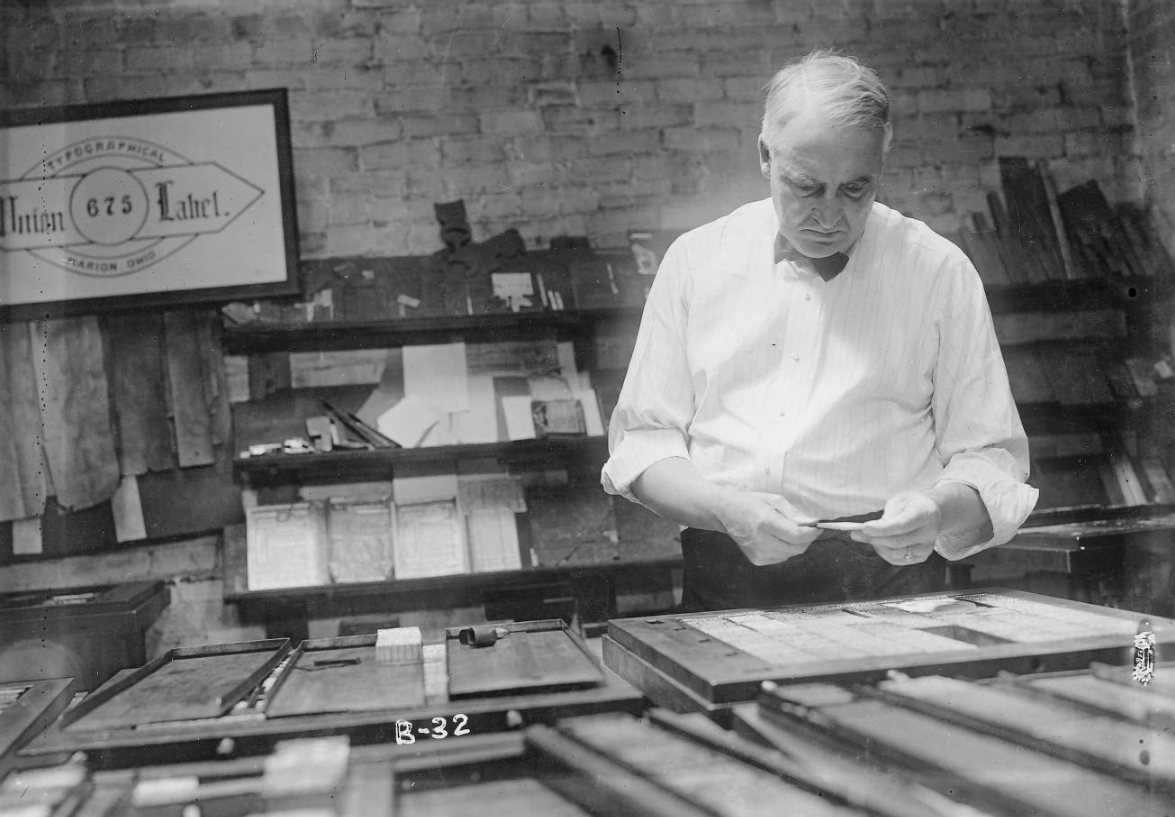 This photo shows Warren Harding at the headquarters of his newspaper, the Marion Star, during the 1920 "front porch" campaign. This image shows Harding setting type. Harding ran his 1920 presidential campaign from the front porch of his Victorian house in Marion, Ohio. People from all over Ohio and the United States came to hear him speak. Frequently, his speeches were then printed in newspapers and recorded on phonograph for the rest of the country.