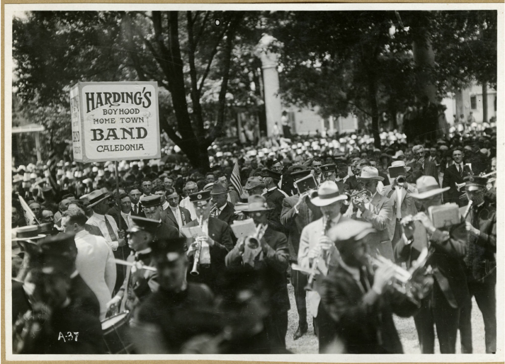 This photograph shows a band from Harding's childhood hometown of Caledonia, Ohio, during the 1920 "front porch" campaign. Warren G. Harding ran his 1920 presidential campaign from the front porch of his Victorian house in Marion, Ohio.