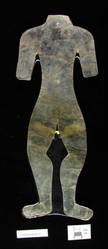 Mica cut-out of a human torso with no head or arms from the Hopewell Mound Group. It could represent a mutilated enemy or an honored ancestor from whom selected body parts have been removed for veneration (A283/242a)