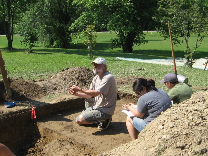 Dr. Abrams instructing students from Ohio University on proper excavation techniques at the Patton site, a ancient village site located about 50 yards from the Patton bog.