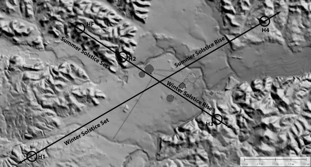 Alignments between prominent hilltops H1 & H4 and H2 & H3 showing their alignments to the sunrise and sunset on the summer and winter solstices. Image courtesy of Robert Horn and Ray Hively.