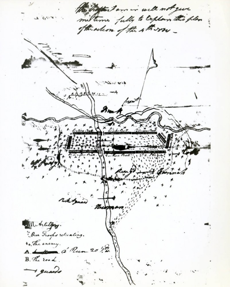 Copy of a hand-drawn military map shows the encampment and disposition of forces during the Battle of the Wabash on Nov. 4, 1791, near the future Fort Recovery, Ohio. The sketch shows the battle lines and location of battalions, artillery, the Native Americans, and line of retreat.