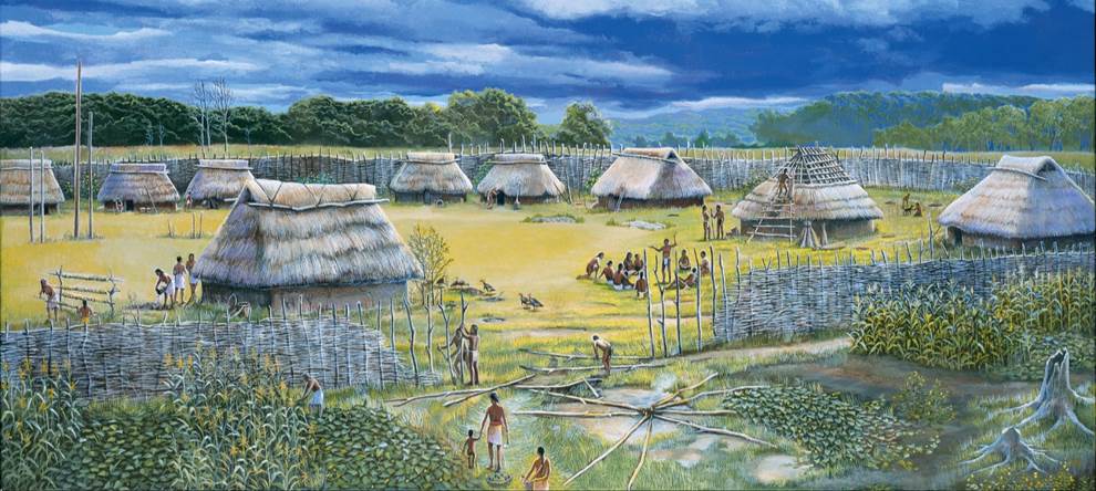 Late Prehistoric period village in Ohio. Ancient Ohio Art Series, Susan Walton, artist