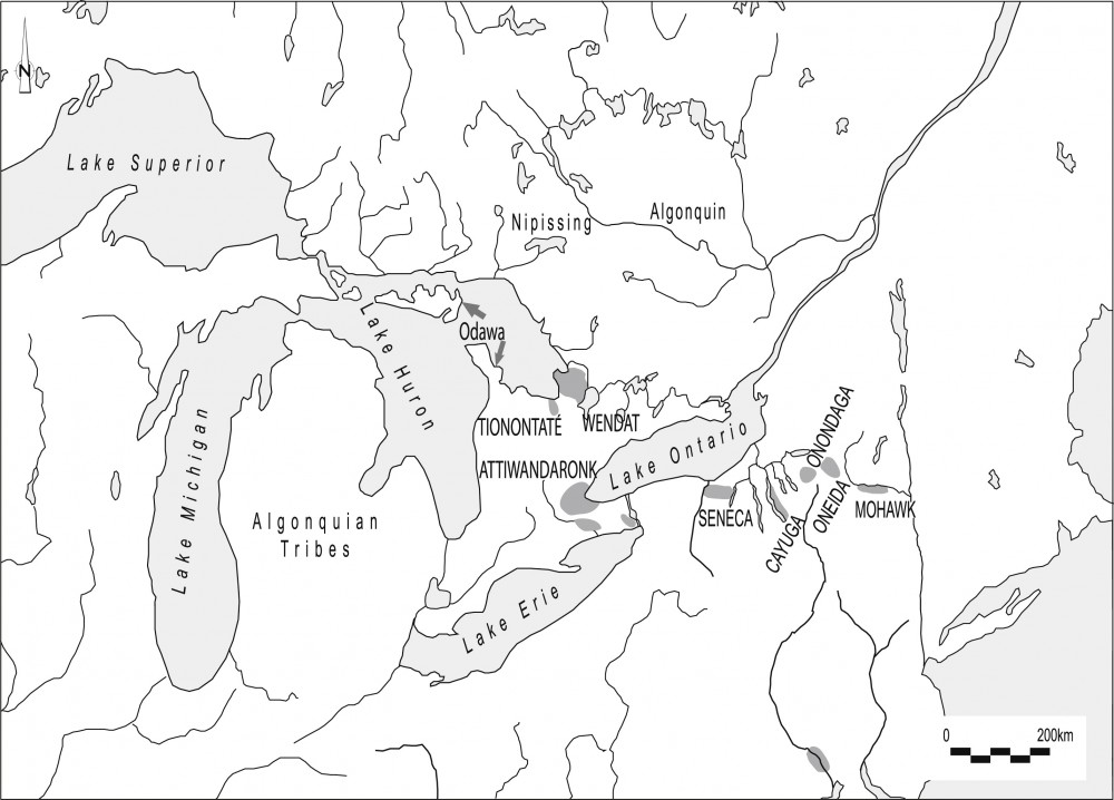 Map showing the distribution of First Nations populations of the Great Lakes, prior to disruptions associated with European contact. Labels in CAPS indicate broader language groups of the region. Figure 1 in the paper by Pfeiffer et al. (2014)