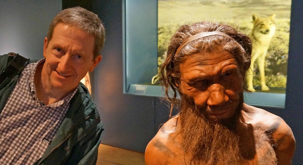 PÃ¤Ã¤bo's book, by the way, is a wonderful account of how science has revealed our relationship to Neanderthals. Europeans and Asians, but significantly not Africans, have between 1 and 4 percent Neanderthal DNA. I've been tested and I'm about 2.6% Neanderthal. So here I am at the London Natural History Museum hanging out with my great-great-great-great-etc. grandfather. Do you see the resemblance?