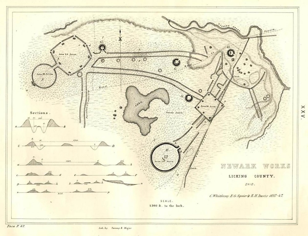 Map of the Newark Earthworks as surveyed by Charles Whittlesey, Ephraim Squier and Edwin Davis. Published in 1848, Squier and Davis wrote that "the ancient lines now can be traced only at intervals among gardens and outhouses."