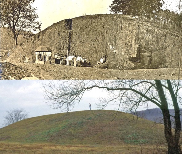 Seip Mound (also referred to as Seip-Pricer Mound to distinguish it from the Seip Conjoined Mound) was almost completely excavated by the Ohio Historical Society between 1925 and 1928 (top). At the conclusion of the excavations, it was restored to its original magnificent appearance (bottom).
