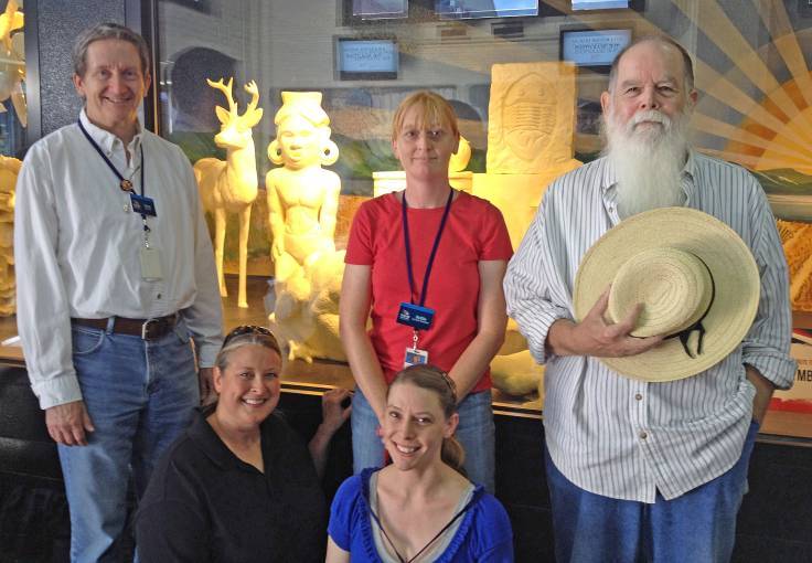The Ohio History Connection Archaeology Team. From left to right: Brad Lepper, Linda Pansing, Juli Six (kneeling), Kellie Rogers, Bill Pickard (with the great hat). Thanks to our colleague Jamie Glavic for taking the team portrait with our buttery state artifact in the background.
